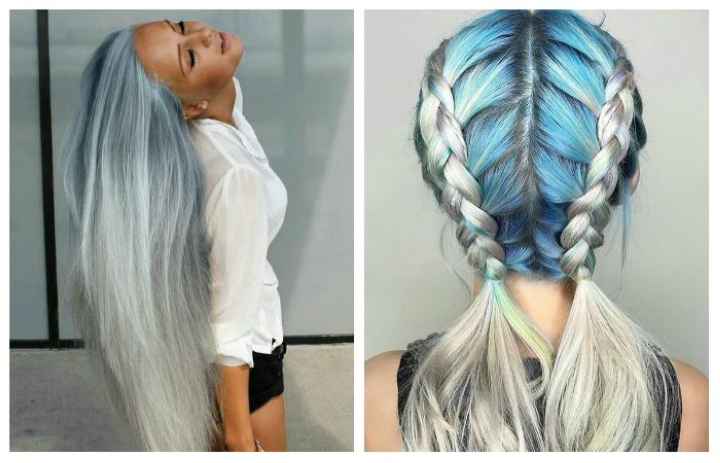 Модное окрашивание длинных светлых волос серебристо-серыми и синими оттенками, фото