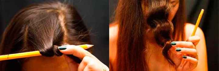 девушка накручивает волосы на карандаш - до и после